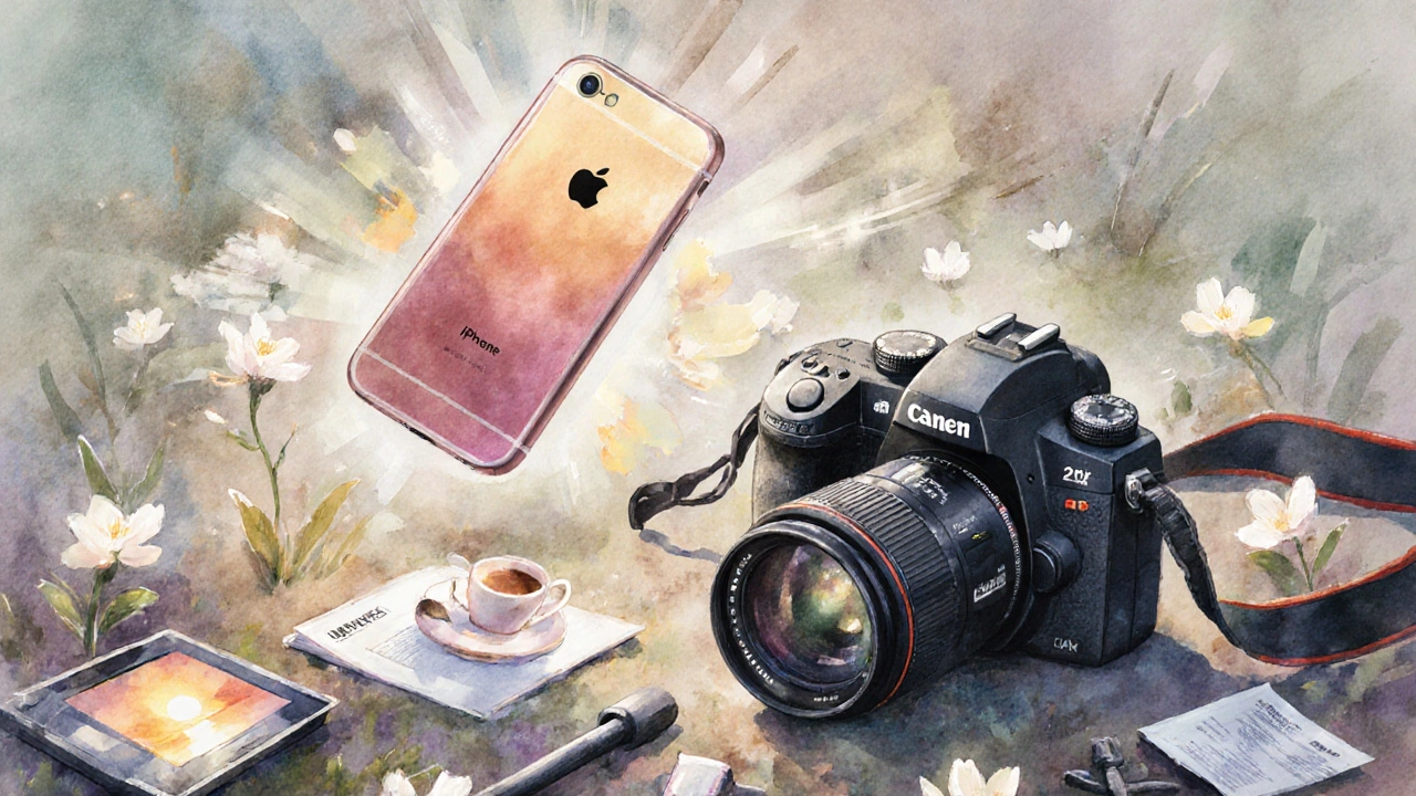 Ein iPhone schwebt freundlich neben einer abgelegten DSLR, umgeben von Lichtblüten, die Erinnerungen symbolisieren.