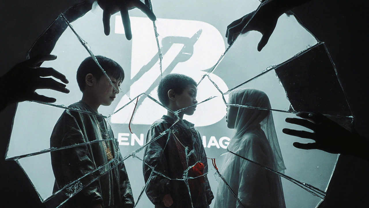 Ein Kind spiegelt sich in drei Formen: als Luxusmodel, Obdachloser und Schatten, hinter einem aus Glas gebrochenen Logo.