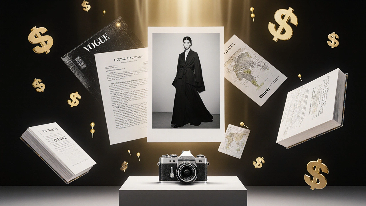 Ein schwarzes-weißes Modefoto schwebt über Lizenzverträgen, Büchern und Weltkarten.