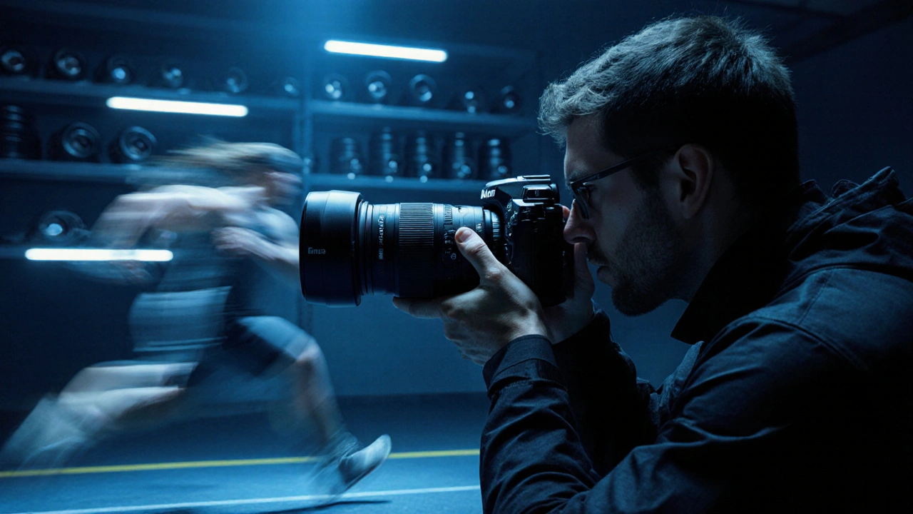 Ein Sportfotograf mit einer Nikon Z9-Kamera in einem Studio, der einen Athleten fotografiert.