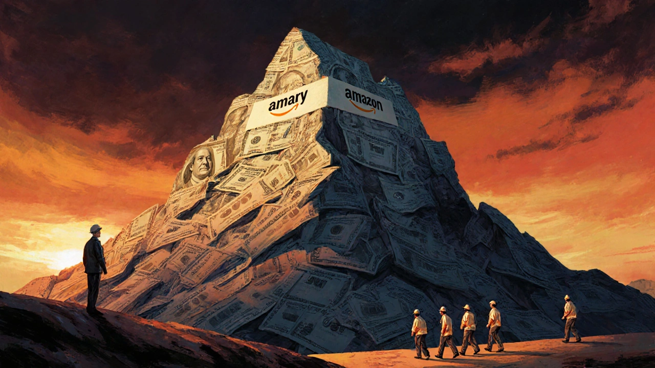 Ein winziger Mensch steht neben einem Berg aus Amazon-Aktien, Bezos’ Gesicht ist in die Spitze gemeißelt.