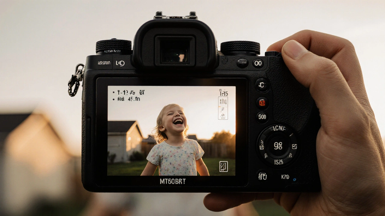 Eine Hand fotografiert ein lachendes Kind im Garten mit einer Systemkamera, Echtzeit-Bildinformationen im Sucher.