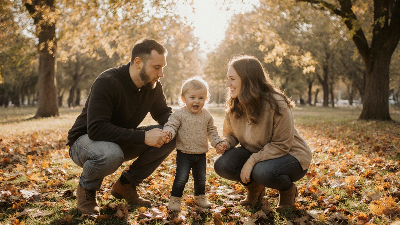 Familie lacht zusammen in einem sonnigen Park, ein perfektes Moment wird fotografiert.