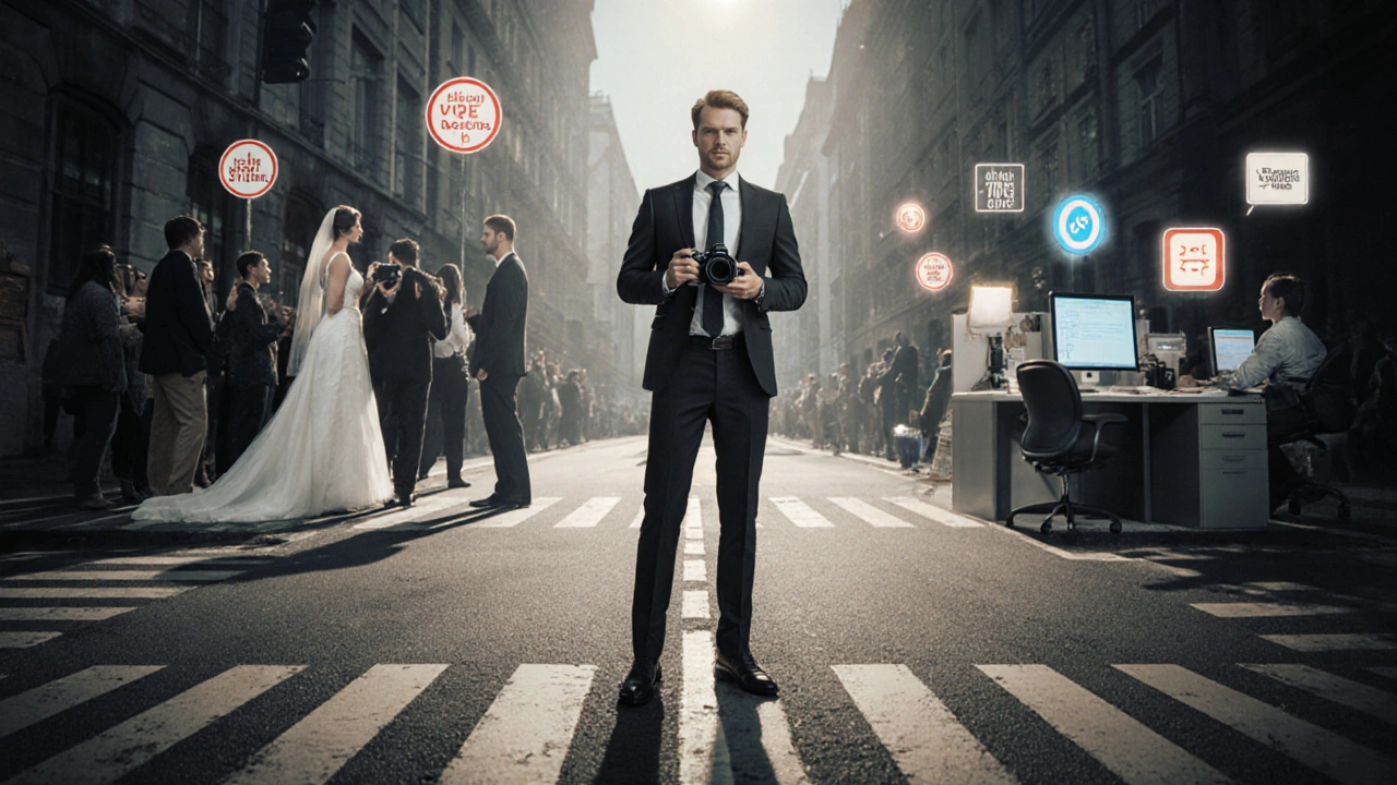 Fotograf an einer Wegkreuzung: Hochzeitsfotografie links, lukrative Nischen und passive Einkünfte rechts.