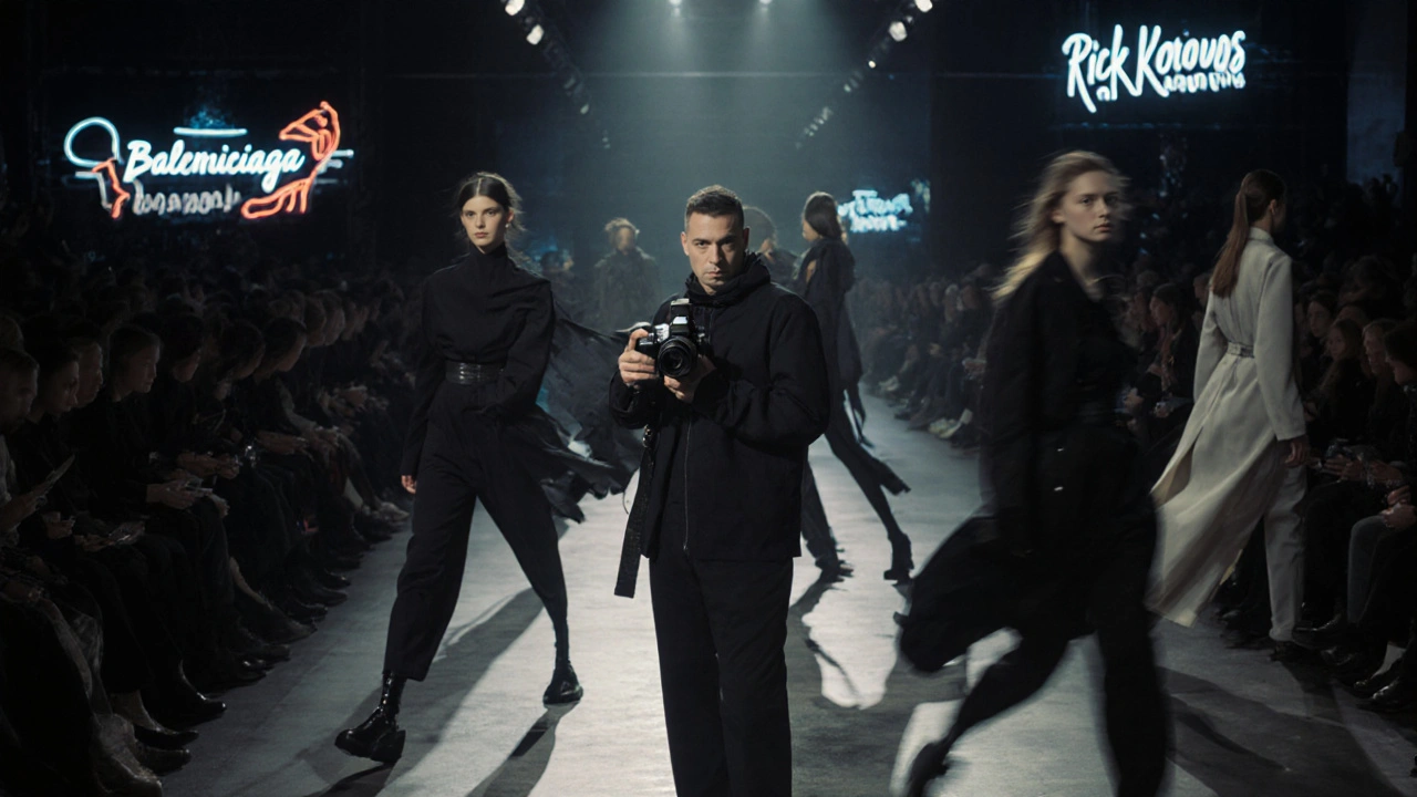 Fotograf auf der Paris Fashion Week, Modelle ziehen vorbei in avantgardistischer Mode.