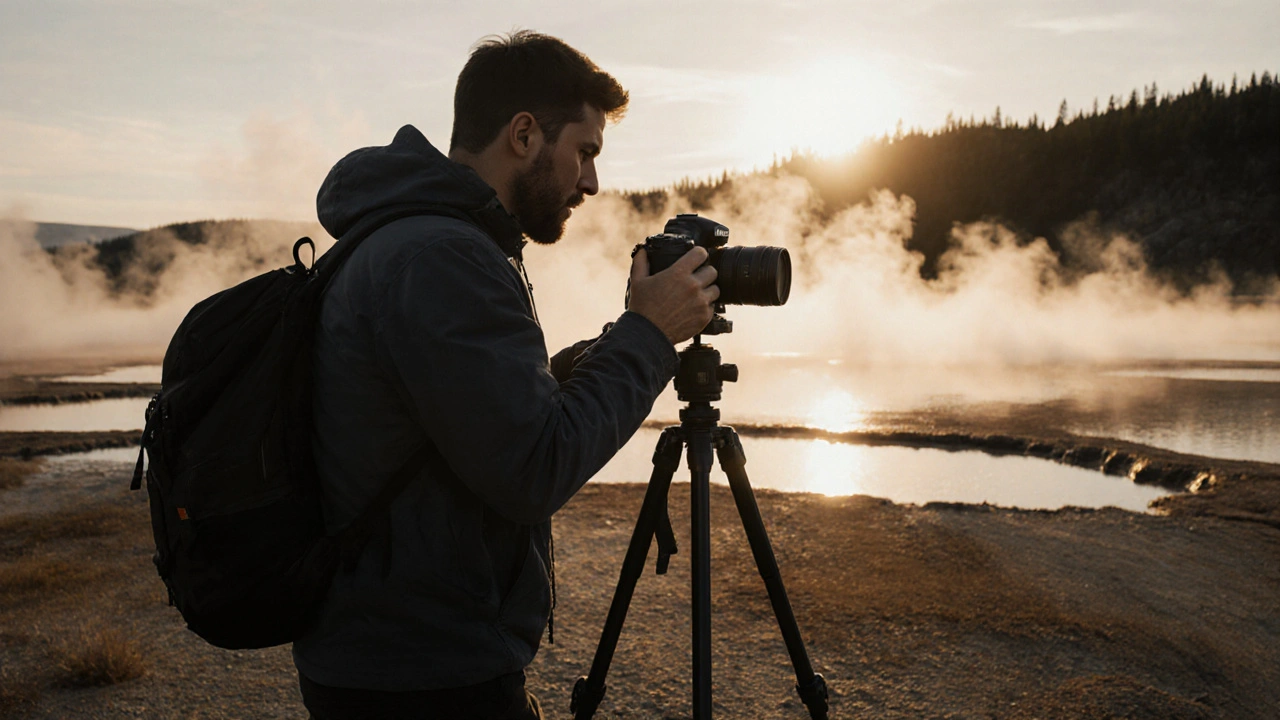 Fotograf filmt in Yellowstone mit einer Nikon Z8 bei Morgenlicht, Dampf steigt aus Geysiren auf.