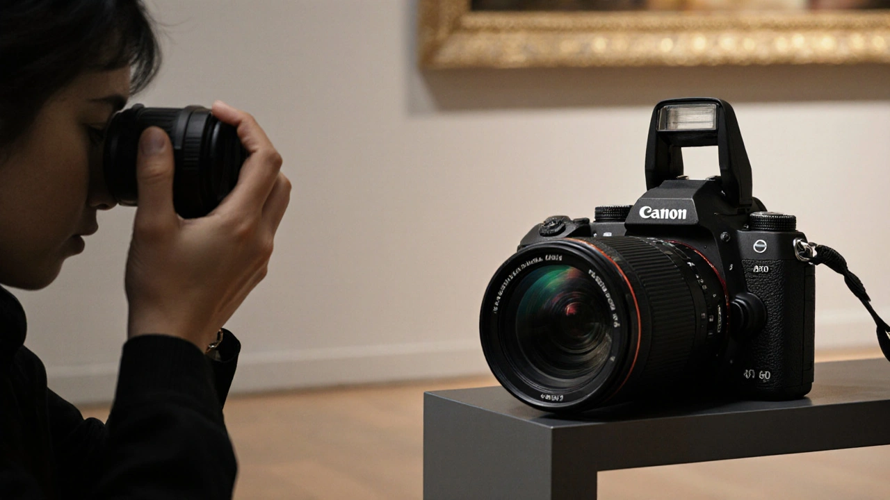Fotograf fotografiert lautlos in einem Museum mit einer Mirrorless-Kamera