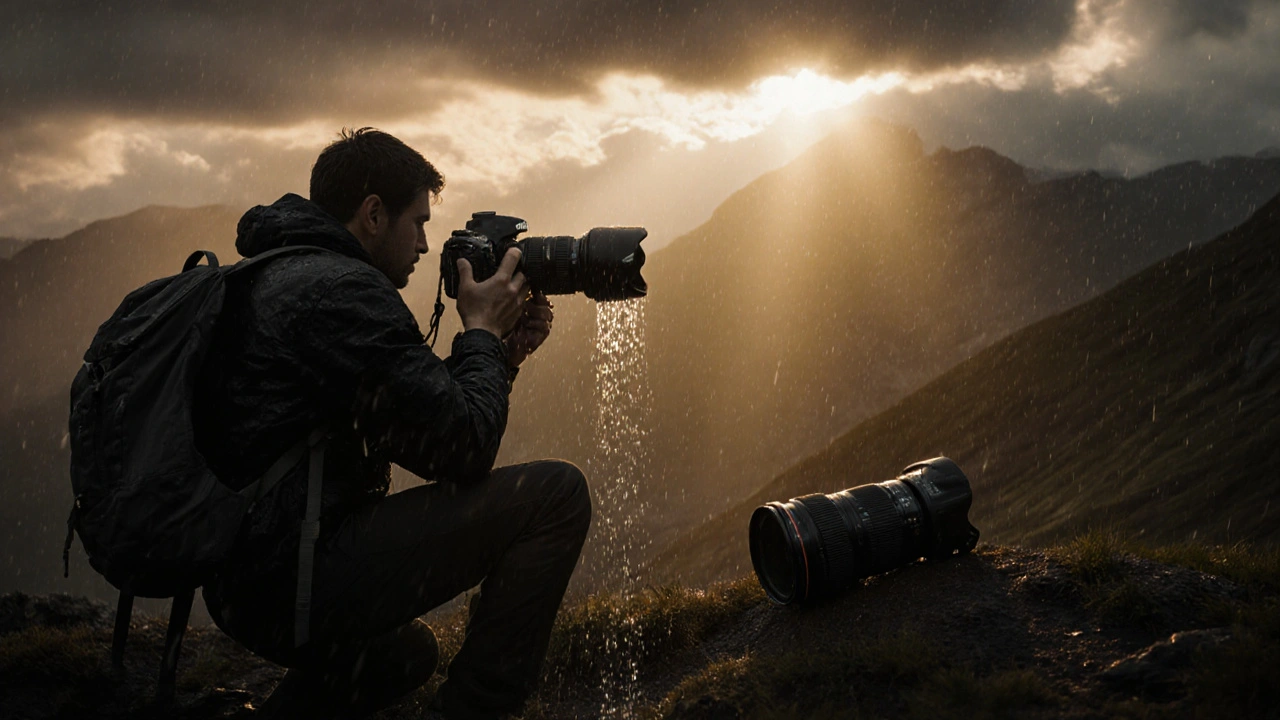 Fotograf im Sturm mit einem robusten Nikon-Objektiv, während ein veraltetes Canon-Modell im Rucksack liegt.