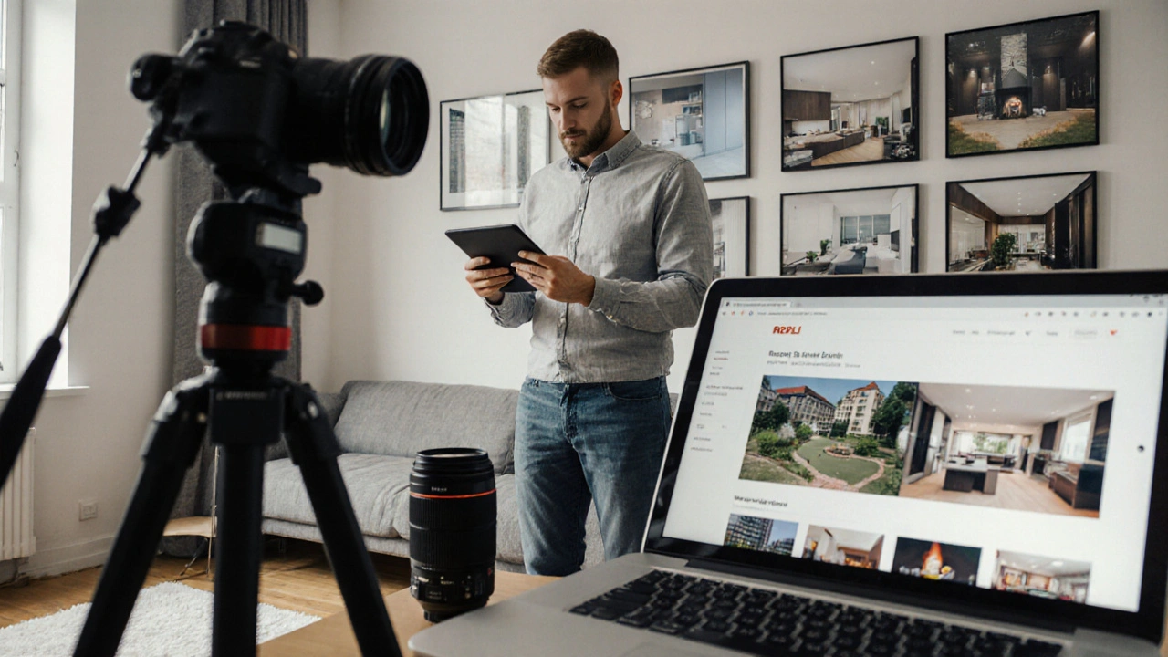 Fotograf prüft Immobilienfotos in einer modernen Wohnung mit Ausrüstung und Listing-Website.