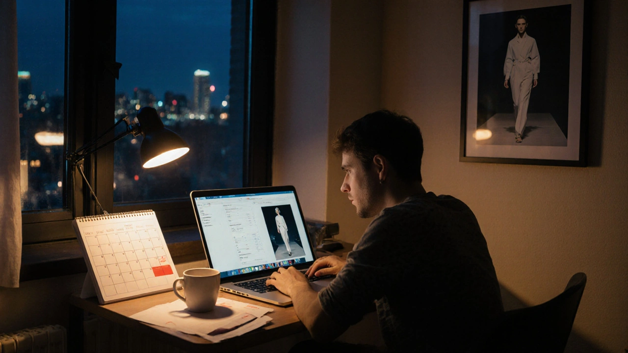 Freelancer-Fashionfotograf sitzt abends an einem Küchentisch mit Rechnungen und einem gerahmten Foto an der Wand, Stadtlichter im Hintergrund.