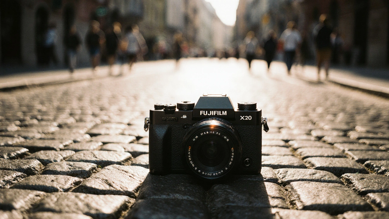 Fujifilm X-S20 mit Festbrennweite auf einer Straße, lebendige Farben und weicher Hintergrund.