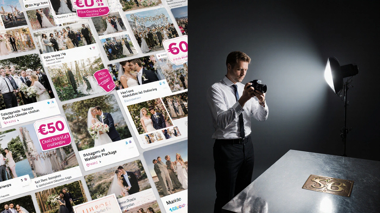 Gegensatz zwischen billigen Online-Fotopaketen und professioneller Produktfotografie.