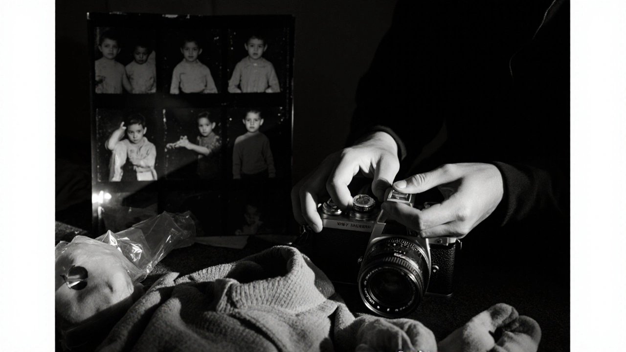 Hände eines Fotografen mit einer Filmkamera, umgeben von provokativen Mode-Propellen in einem düsteren Studio.