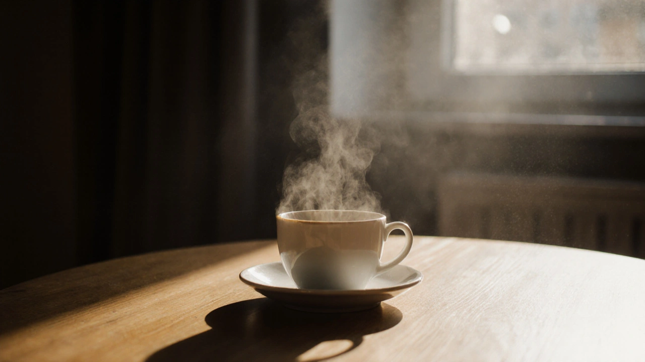 Kaffeetasse auf Fensterbank, morgendliches Licht verändert sich, ruhige Atmosphäre in Hamburg.