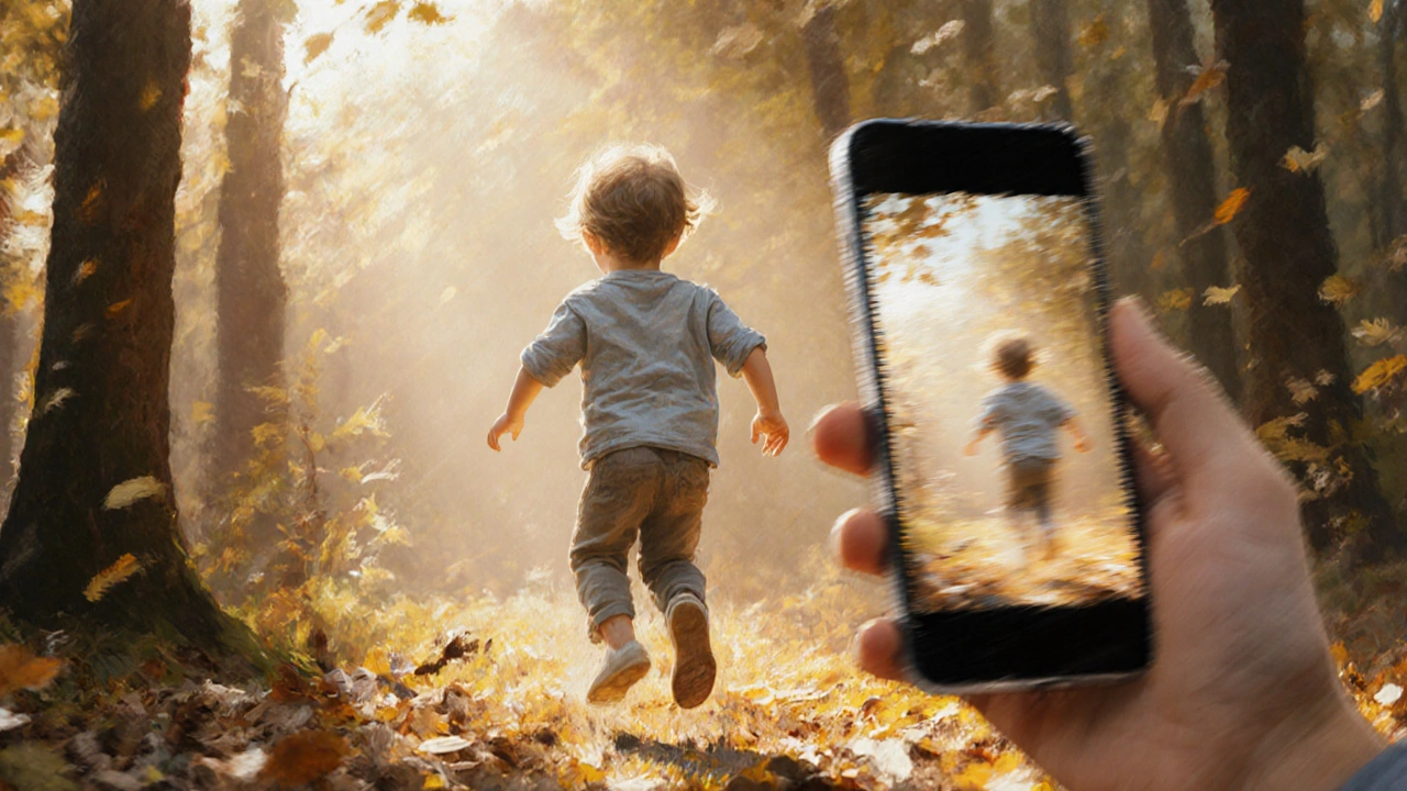 Kind läuft durch Sonnenstrahl im Wald, nur das Kind scharf, Hintergrund sanft verschwommen, Smartphone mit künstlichem Bokeh daneben.