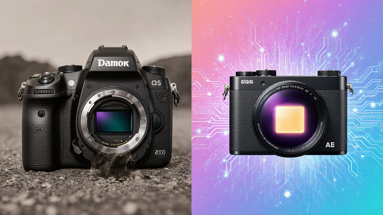 Konzeptuelles Bild: Veraltete DSLR-Mechanik vs. moderne Mirrorless-Technologie