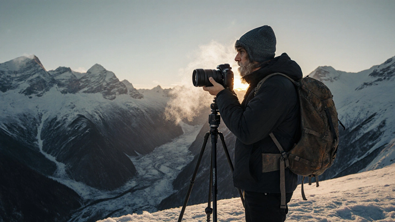 Landschaftsfotograf mit Nikon Z9 in den schneebedeckten Alpen