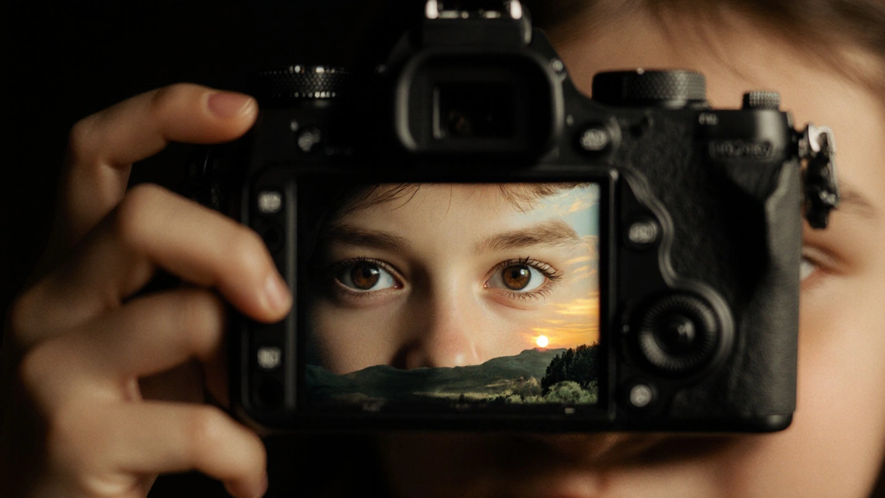 Menschenaugen spiegeln Licht und Emotionen im Sucher einer unscharfen Kamera.