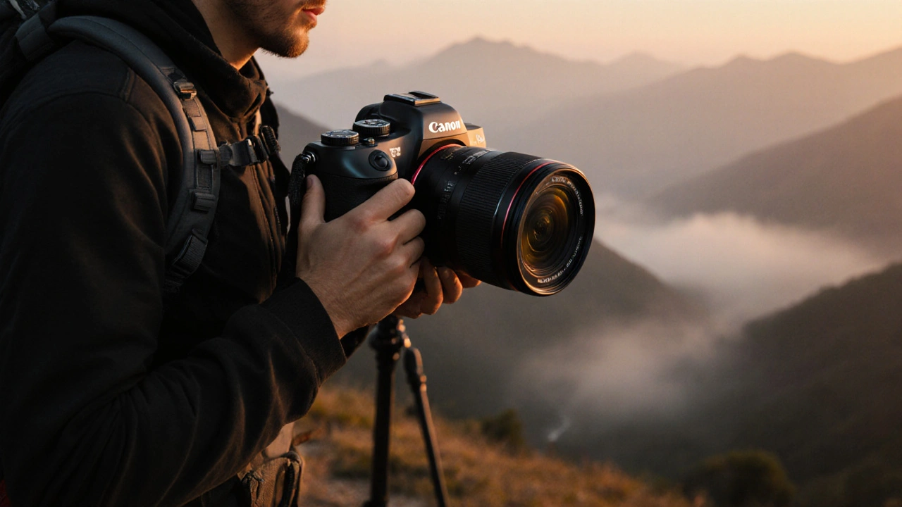 Reisefotograf mit Canon EOS R6 Mark II bei sonnigem Morgen in den Bergen.