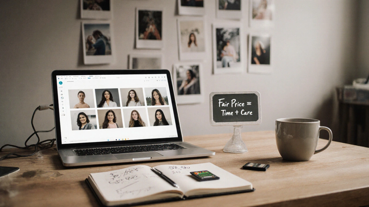 Schreibtisch mit Fotografie-Ausrüstung und handschriftlichen Preisnotizen.