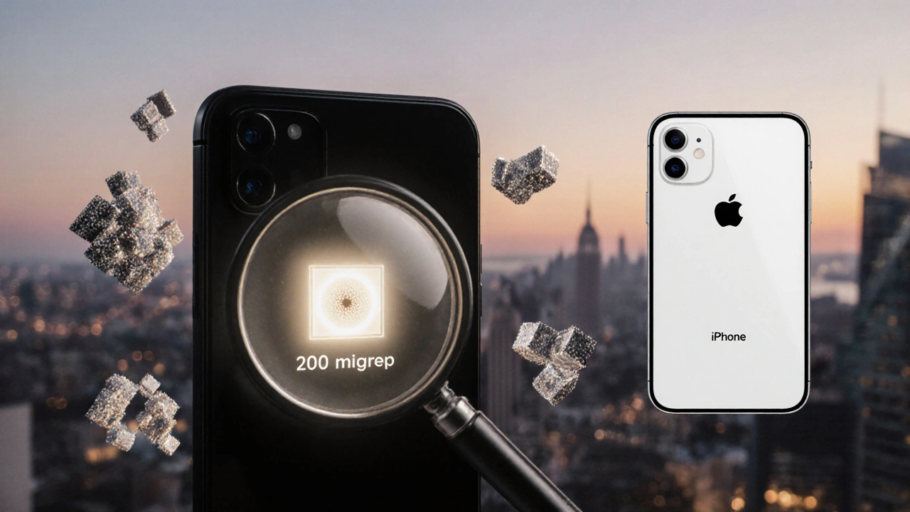 Smartphone mit riesigem 200-MP-Label, aber winziger Sensor darunter — Pixel-Binning als Lichtbündel, klares Foto daneben.