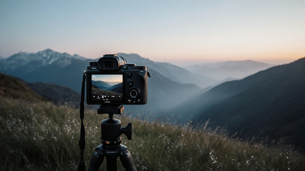 Sony Alpha 7 IV auf Stativ vor einer nebligen Berglandschaft bei Sonnenaufgang.