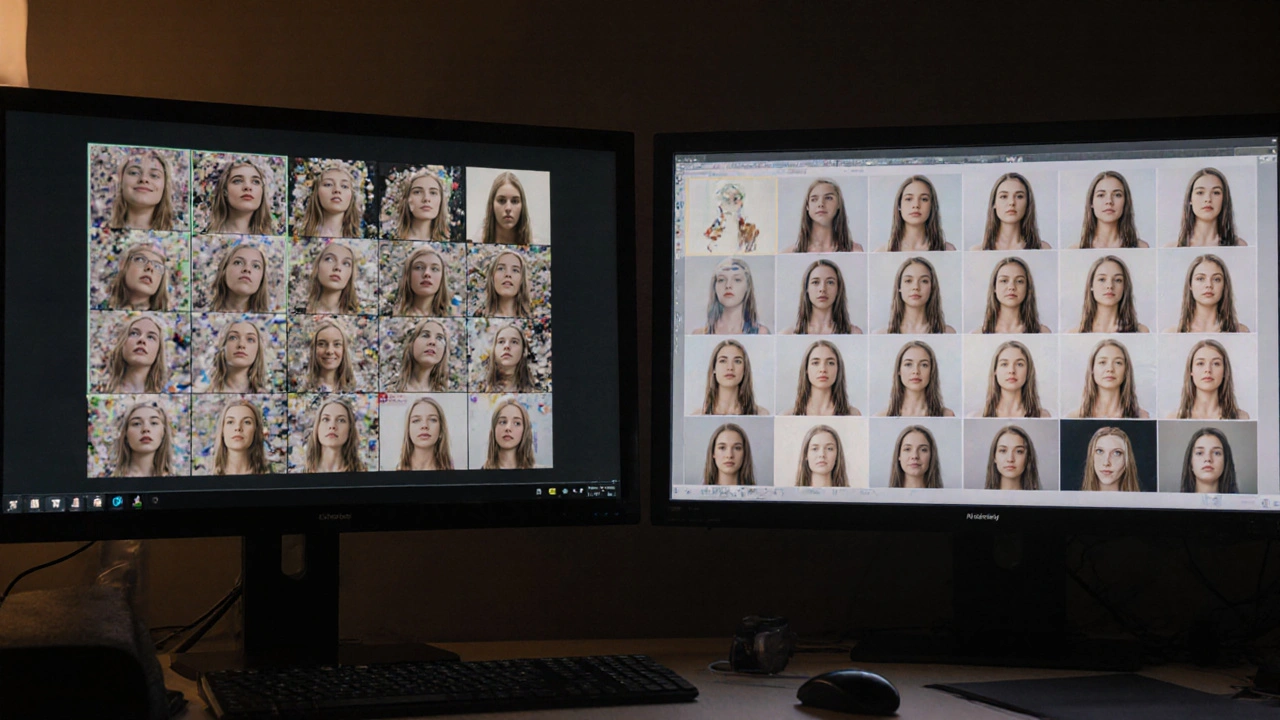 Vergleich von unbearbeiteten und bearbeiteten Porträtfotos auf einem Monitor.