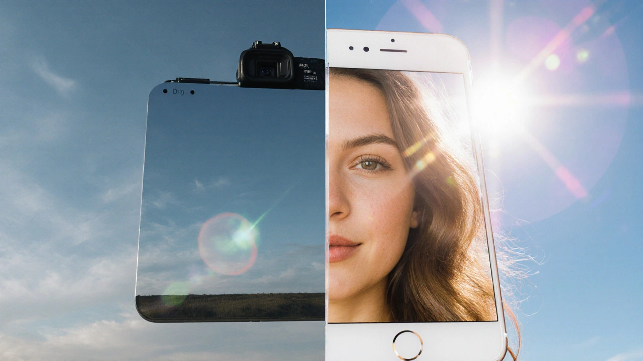 Vergleich zweier Fotos desselben Sonnenuntergangs: links technisch präzise, rechts durch iPhone-Software aufgewertet mit lebendigen Farben.