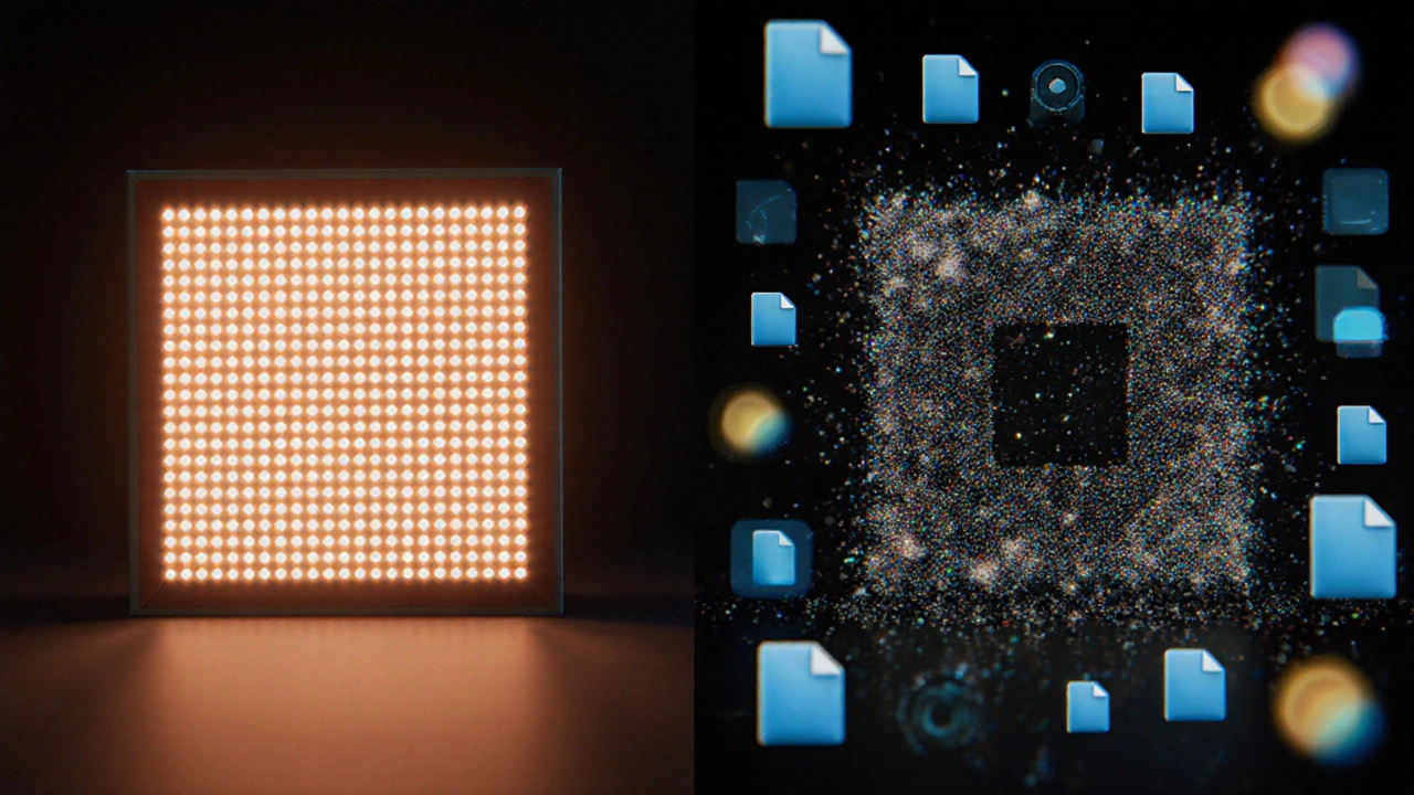 Vergleich zweier Sensoren: 24 MP mit klarem Licht vs. 60 MP mit Rauschen — symbolisch dargestellt in düsterer Studioatmosphäre.