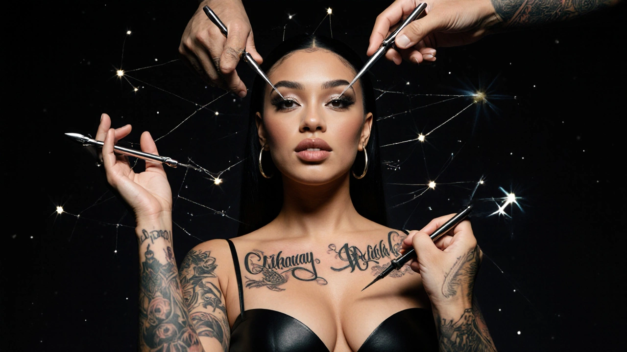 Vier Tattoo-Künstler mit ihren Stilen als symbolische Elemente um Cardi B herum, dargestellt als künstlerische Halbkreise.
