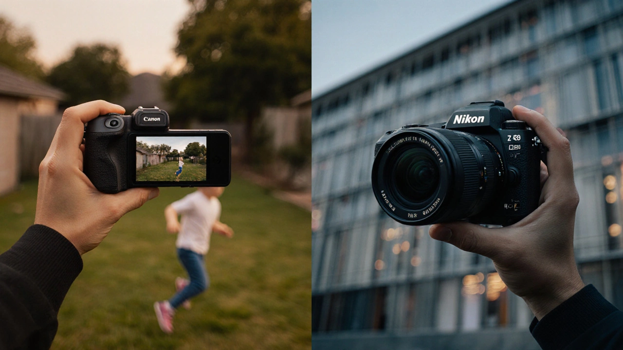 Zwei Hände halten Canon und Nikon Kameras, die jeweils Bewegung und Architektur erfassen.