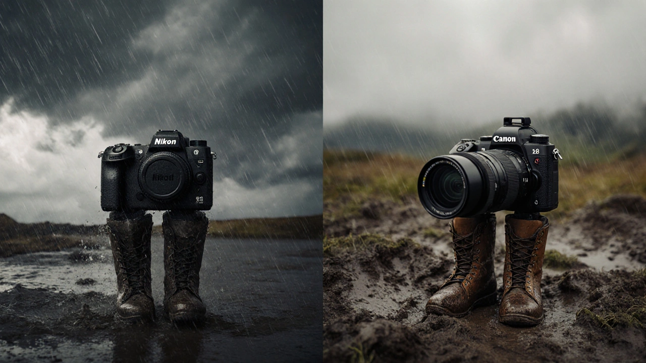 Zwei Kameras bei Regen: eine robuste Profikamera und eine leichtere, im gleichen Landschaftssetting.
