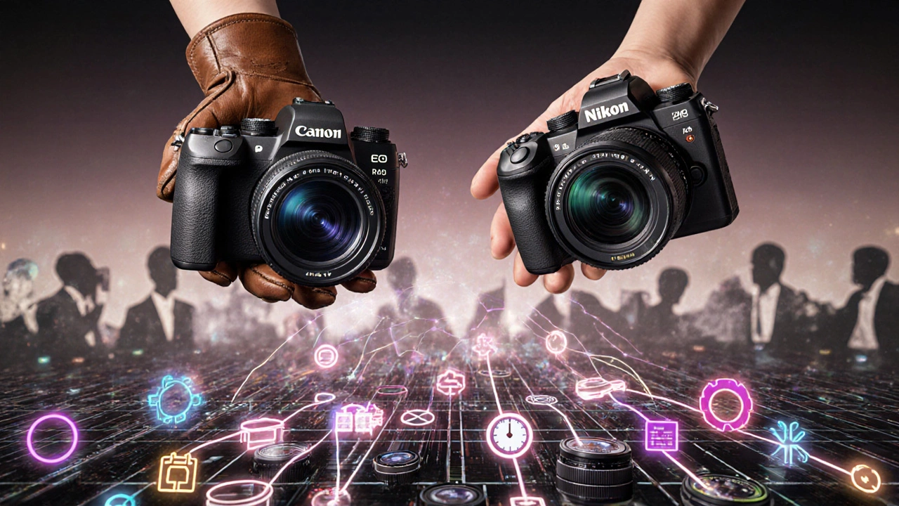 Zwei Kameras Canon und Nikon über Objektivhaltern, Symbol für Vertrauen und Wahl