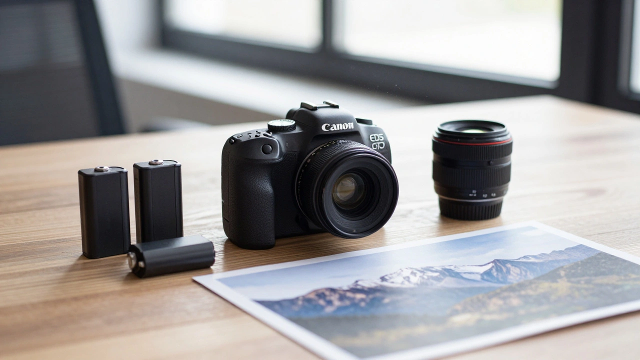 Canon EOS R5 auf Holztisch mit Ersatzakku und großem Fotodruck im Studio