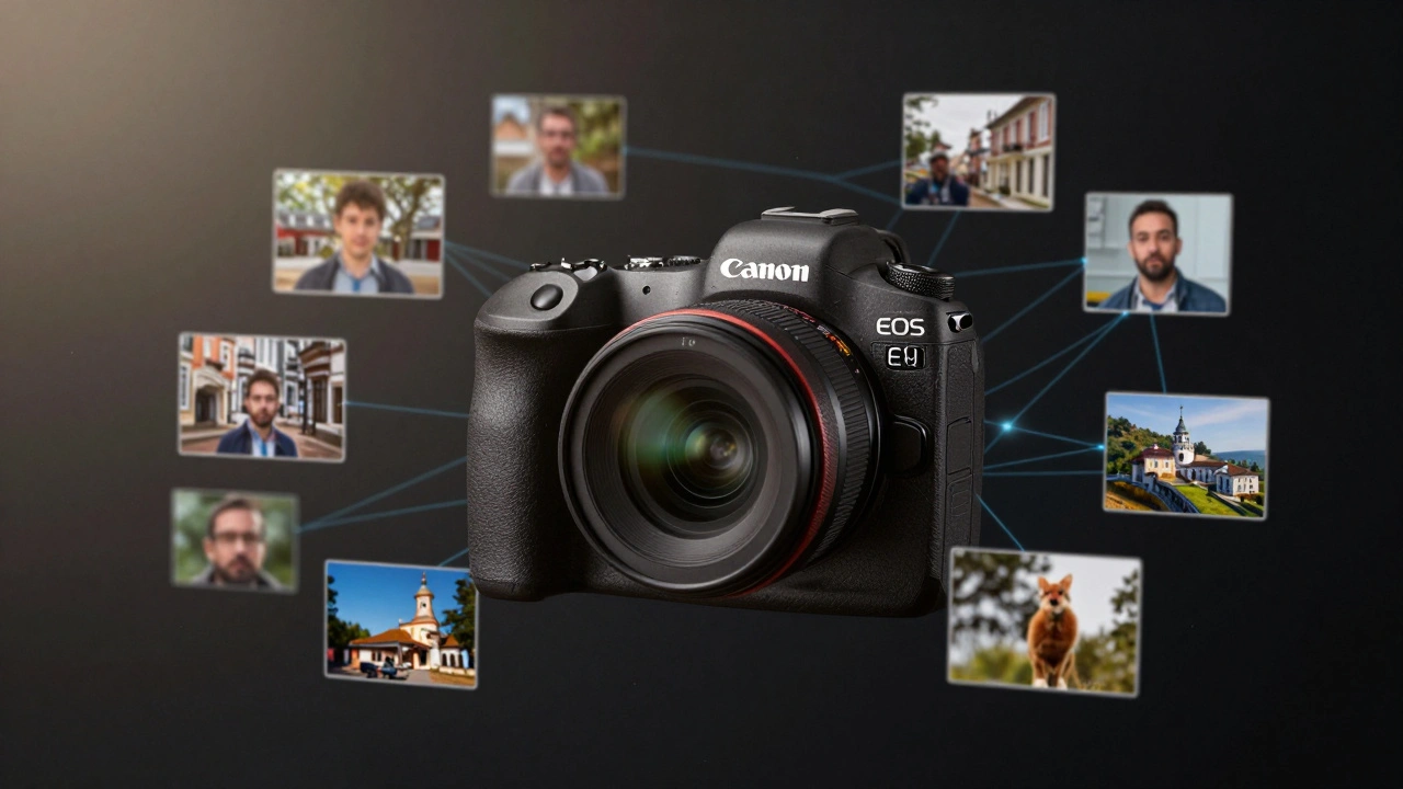 Canon EOS R5 schwebt über zerstreuten Bildfragmenten in einer surrealen Szene