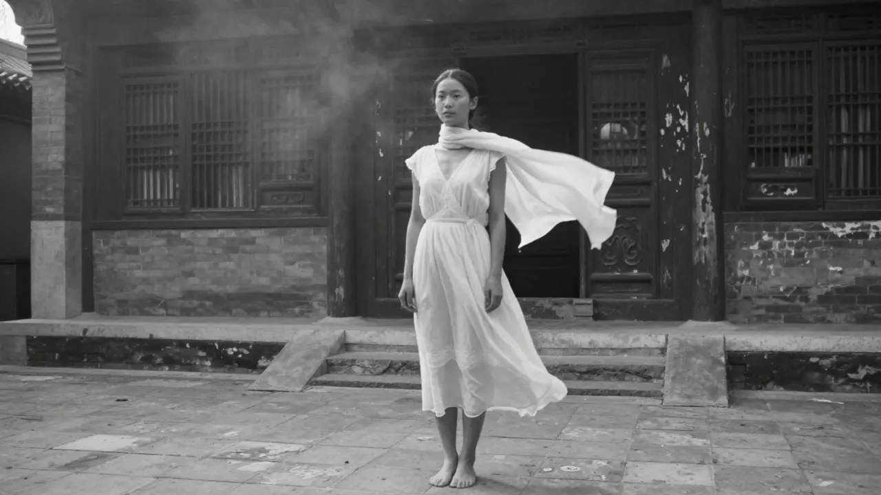 Chinesische Frau in weißem Kleid auf einem alten Steinhof in Peking, leichter Wind hebt ihren Schal, morgendlicher Nebel.