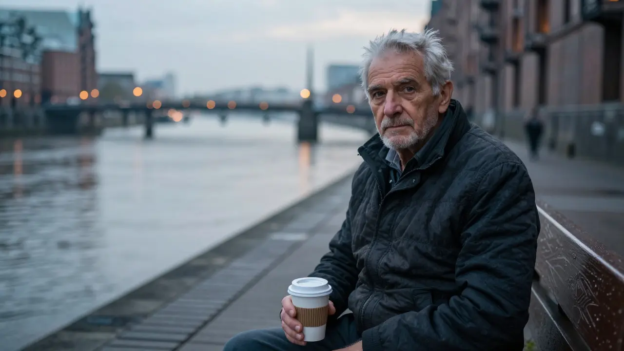 Ein alter Mann sitzt am Elbufer, blickt in die Kamera und hält eine Tasse Kaffee in der Hand.