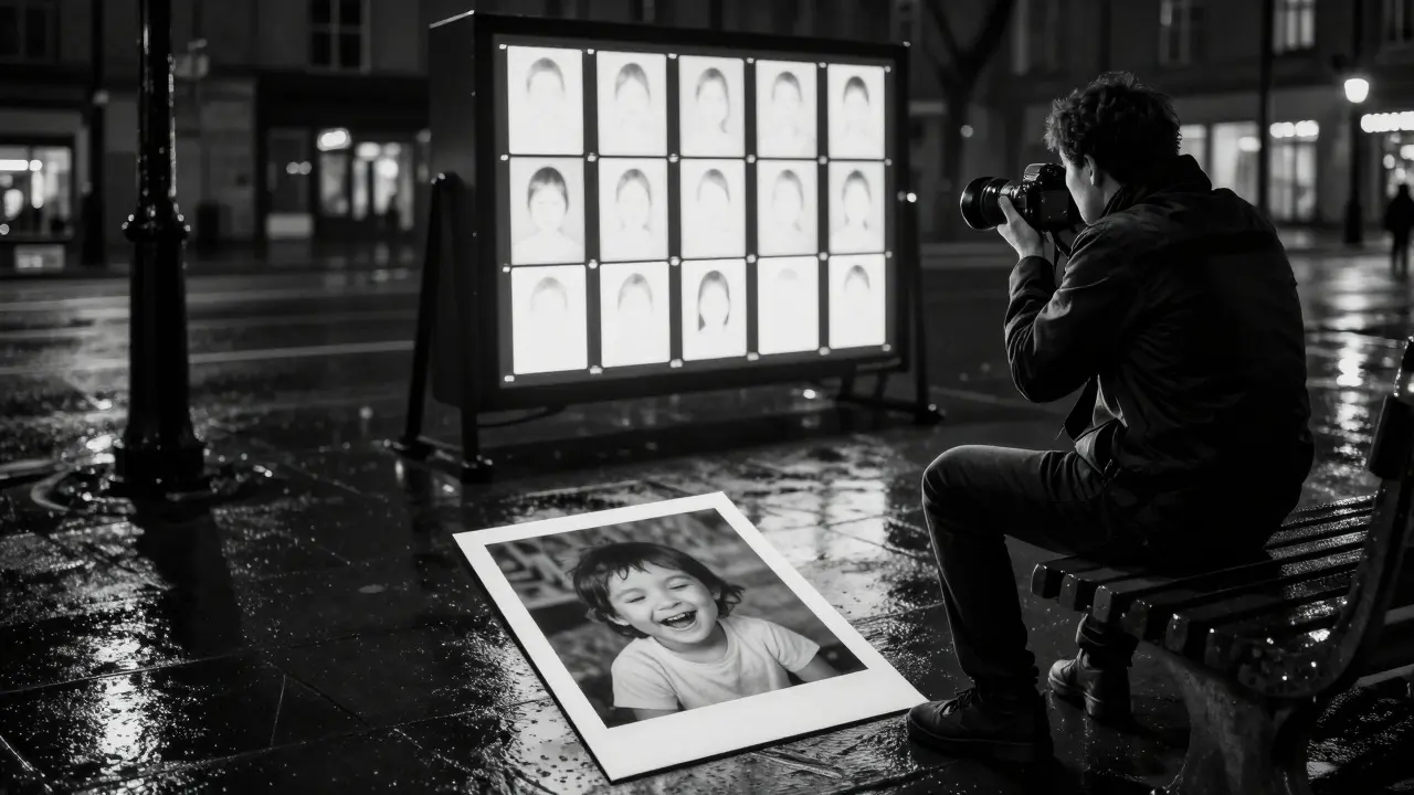 Ein Fotograf sitzt auf einer Bank und betrachtet hunderte gleichartige Fotos auf einem Bildschirm.