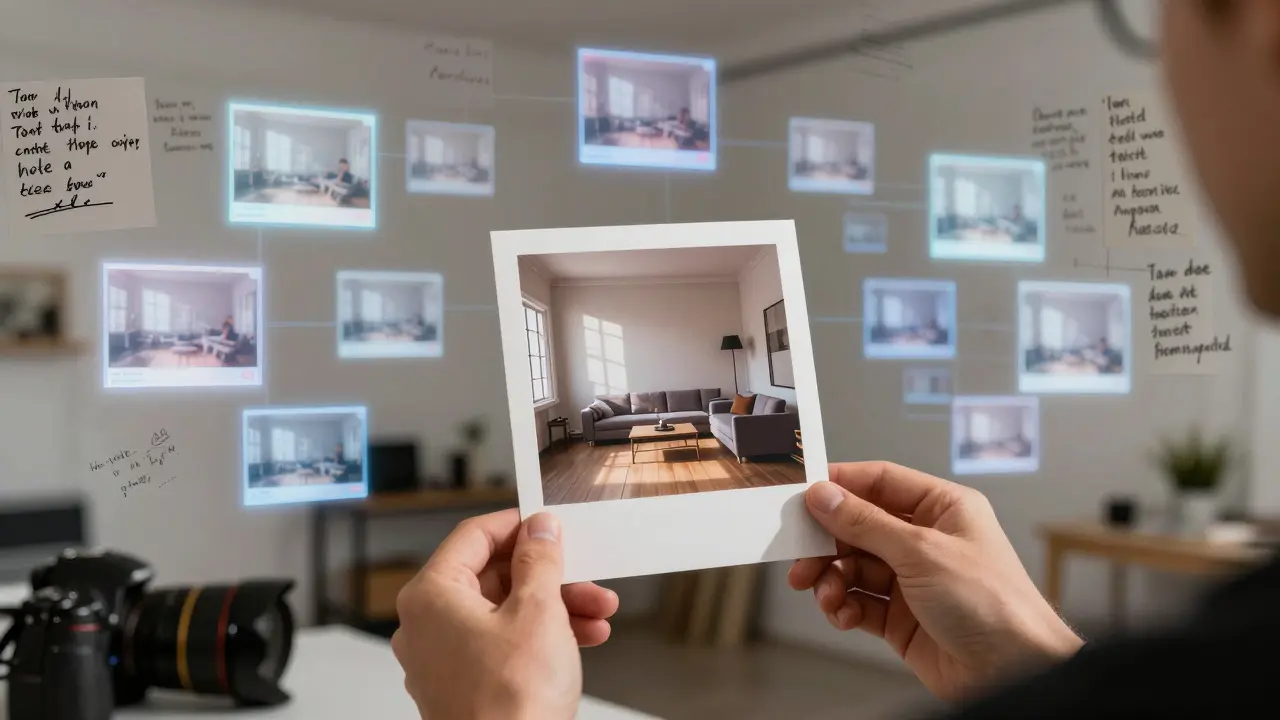 Ein Fotograf umgeben von KI-Bildern hält ein echtes Foto aus der Pandemie, natürliches Licht betont seine Echtheit.