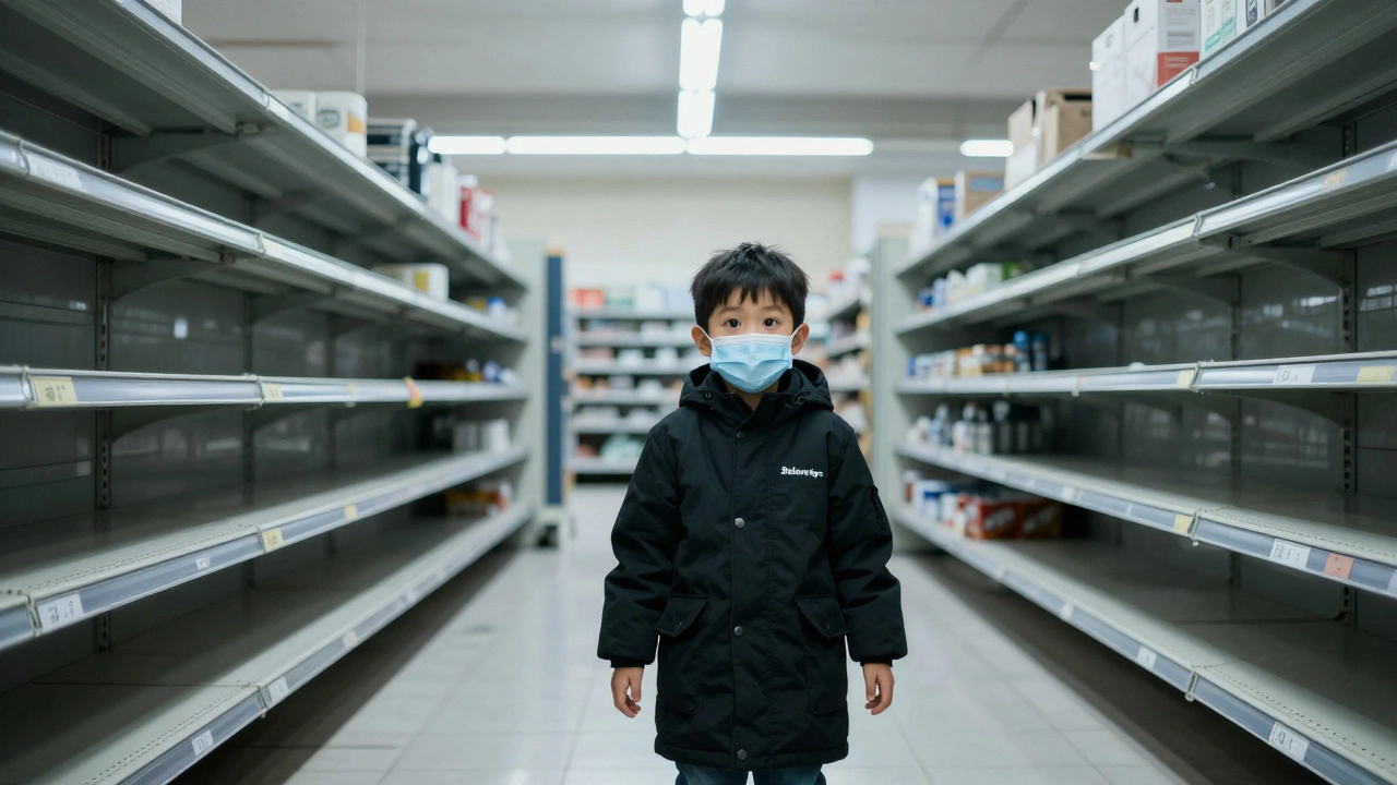 Ein Junge in einem schwarzen Mantel und Maske steht in einem verlassenen Supermarkt.