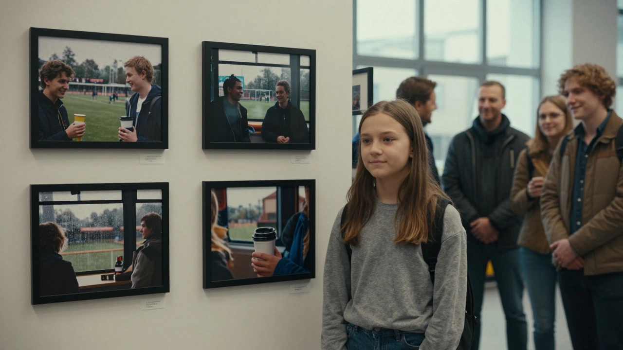 Ein junges Mädchen steht vor einer kleinen Ausstellung mit ihren Fotos in einer Stadtbibliothek.
