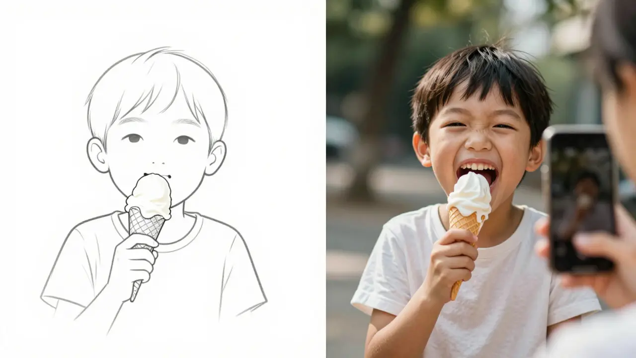 Ein KI-Bild links, perfekt aber kalt; rechts ein echtes Foto eines Kindes mit Eis, unvollkommen und lebendig.
