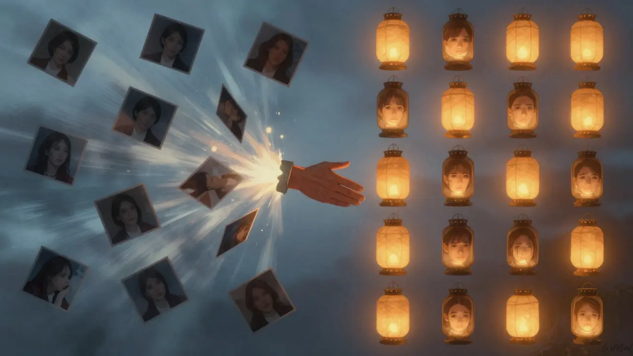 Ein konzeptionelles Bild zeigt 80 banale Fotos neben 20 bedeutungsvollen, die wie Laternen leuchten.