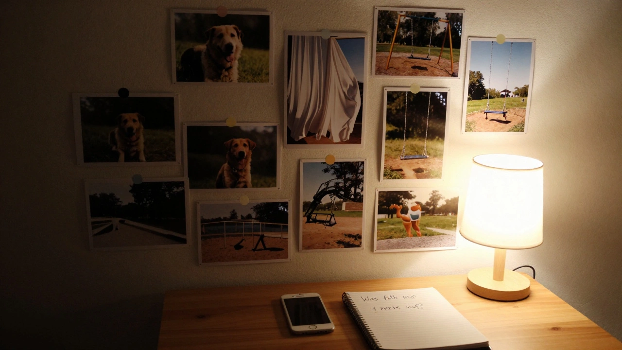 Ein Zimmer voller selbst gedruckter Fotografien, ein altes Smartphone und ein Notizbuch auf dem Schreibtisch.