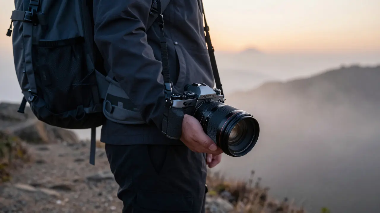 Fotograf mit wetterfestem Fujifilm-Objektiv auf einem Bergpfad bei Sonnenaufgang.