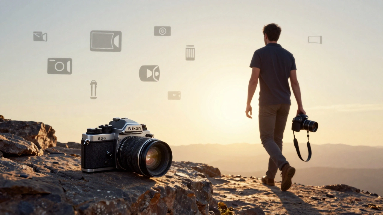 Fotograf verlässt eine alte Nikon-Kamera und hält eine moderne Canon-Kamera, blickt zur Zukunft.