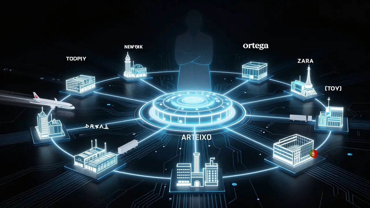 Glowing supply chain network connecting European factories to global Zara stores.