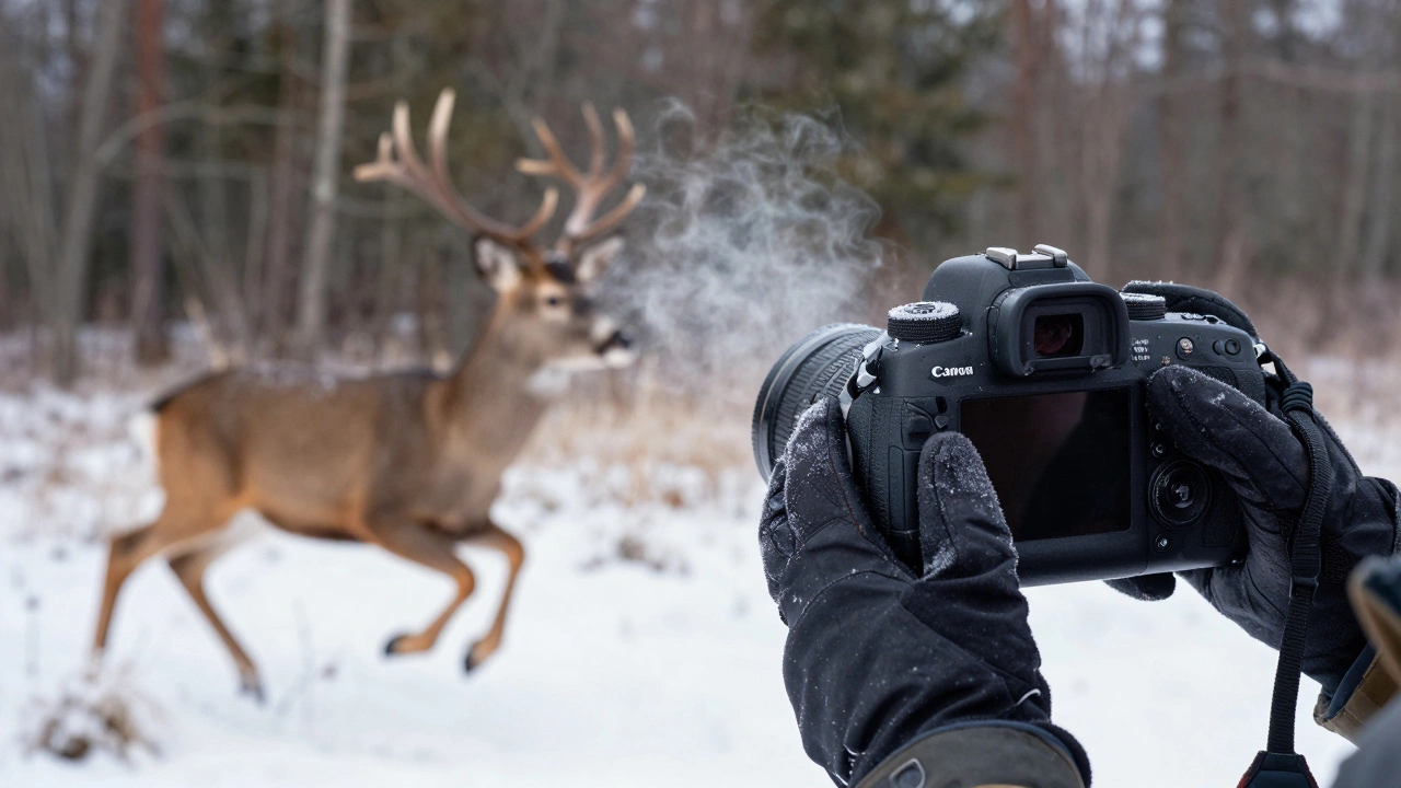 Hand in gloves pressing shutter on a Canon 5D Mark III in snow, focusing on a running deer.
