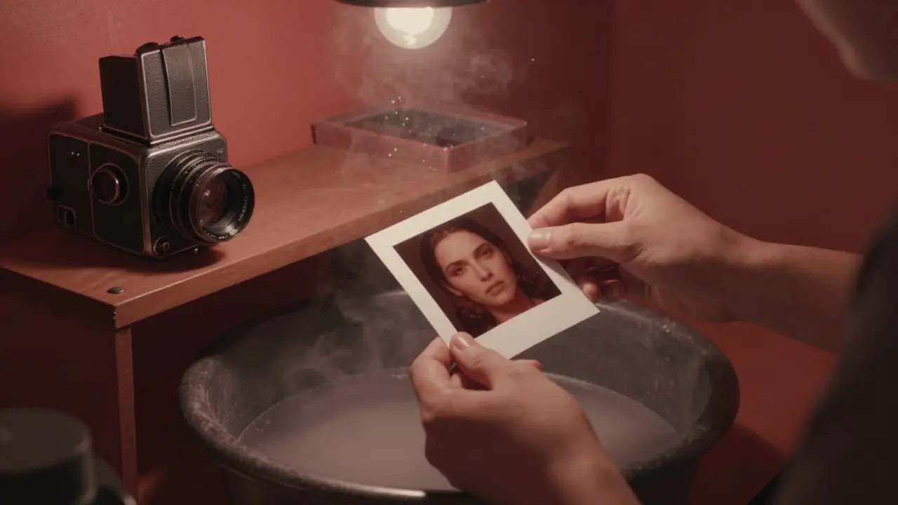 Hände entwickeln Film in einem roten Dunkelraum, negative mit dem Gesicht einer Frau, feine Filmkörnung und Dampf.