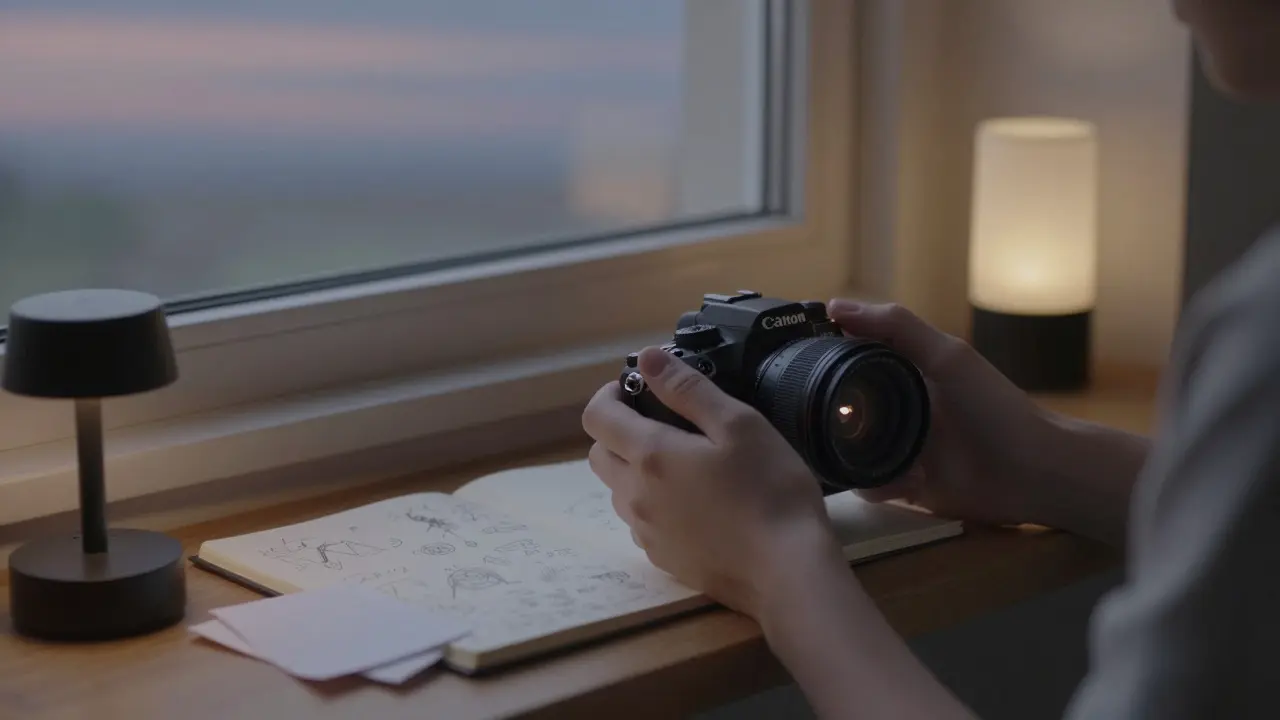 Hände halten eine einfache Kamera an einem Fensterbrett, neben einer Lampe und einem Reflektor aus Papier.